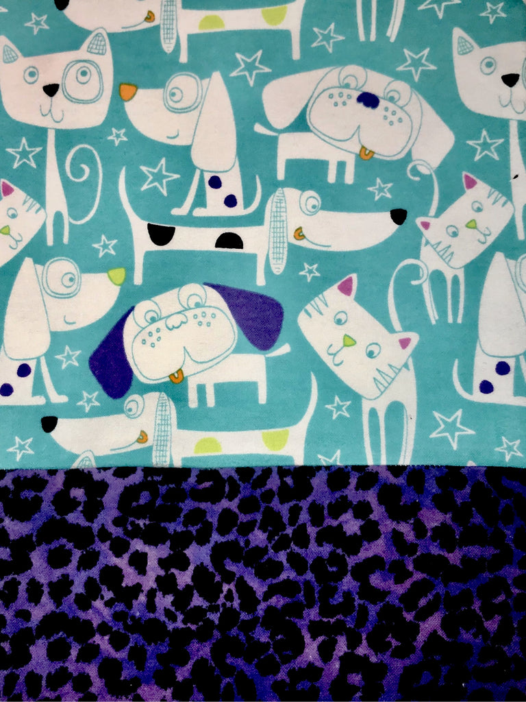 Flannel PANT- Turquoise Cats & Dogs w/ Purple Leopard