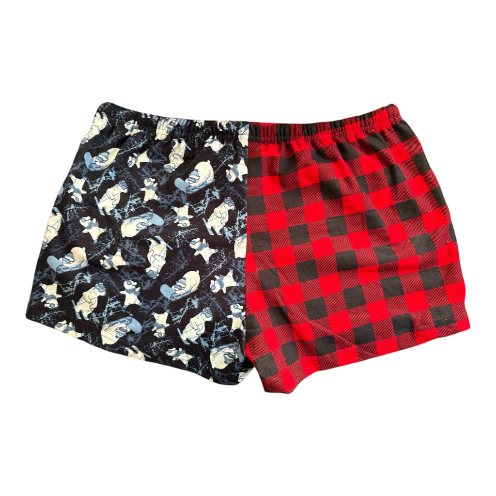 Female BOXERS Flannel- Colour block - Ski Bears: Plaid & Ski Bears/Red