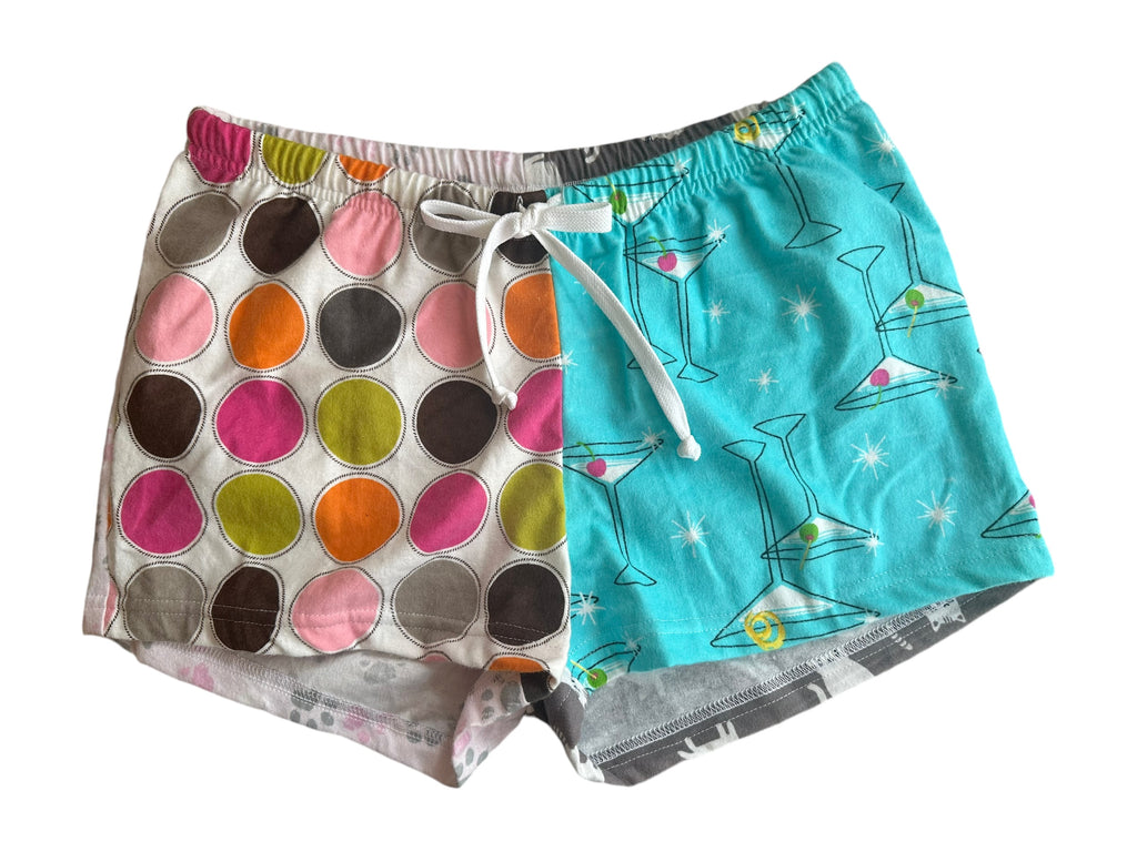 Female BOXERS Flannel- Colour block - circles/martini glasses/ grey cat / paws