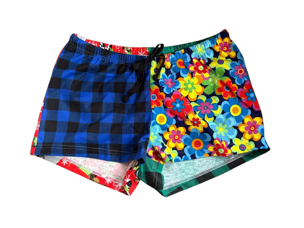 Female BOXERS Flannel- Colour block - Blue Buffalo Check/Flower & Green Buffalo/ Red Dog